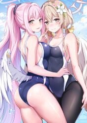 2girls angel_wings artist_request ass big_ass blonde_hair blue_archive blush bubbles competition_swimsuit embarrassed large_breasts long_hair medium_breasts mika_(blue_archive) nagisa_(blue_archive) one-piece_swimsuit pantyhose pantyhose_under_swimsuit peace_sign pink_hair seductive_look spread_breasts spreading spreading_breasts swimsuit tea_party_(blue_archive) thick_thighs trinity_general_school_student trinity_general_school_swimsuit v water wet wings