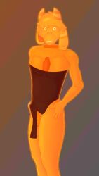 anthro balls bodily_fluids bovid bulge caprine chest_tuft clothed clothing dress erection erection_under_clothing floating_head floppy_ears genital_fluids genital_outline genitals ghost glowing_outline goat gusta gusta_(gusta) hi_res horn male mammal orange_balls orange_body orange_glow orange_horn orange_penis orange_stripes penis penis_outline precum pupils solo spirit stripes tuft unusual_pupils