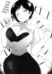 black_and_white blush cum_on_face ejaculation english_text grabbing_penis office_lady olive_laurentia unknown_artist