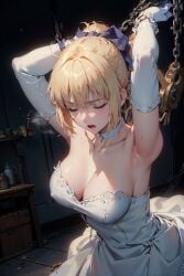 ai_generated armpits arms_behind_head arms_up artoria_pendragon breasts chain chained chains closed_eyes fate/grand_order fate/stay_night fate_(series) saber stable_diffusion tied_hands tied_up wakipai wedding_dress white_dress