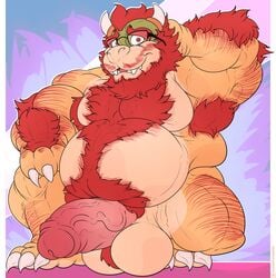 anthro armpit_hair balls barazoku beard belly big_(disambiguation) big_balls big_penis body_hair bowser erection eyewear facial_hair fur genitals glasses hair hairy hi_res horn humanoid humanoid_genitalia humanoid_penis hyper incrediblecrocodile koopa male male_only mario_(series) musclegut muscular nintendo nude open_mouth pecs penis scalie simple_background solo teeth thick_penis video_games