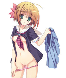 between_breasts breasts clothes_between_breasts copyright_request highres huge_eyes muririn navel nipple_slip nipples no_bra open_clothes open_shirt oppai panties panty_pull pointy_chin pussy school_uniform skirt skirt_removed uncensored underwear vagina