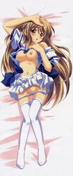 arm_up blush breasts color dakimakura kusukusu long_hair moshimo_ashita_ga_hare_naraba nipples no_bra nonosaki_akiho open_clothes open_shirt panties panty_pull shirt skirt skirt_lift suzumiya_haruhi_no_yuuutsu thighhighs underwear undressing