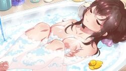 1girls bathing bathroom bathtub breasts brown_hair bubble_bath chasing_tails_-a_promise_in_the_snow closed_eyes flat_chest_dev game_cg hair_bun in_bathtub june_(chasing_tails) large_breasts nipples nude nude_female relaxing rubber_duck smile towel