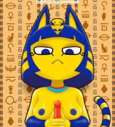 1girls animal_crossing ankha blue_eyes blue_hair breasts cat_ears cat_tail catgirl dildo egyptian egyptian_clothes egyptian_female egyptian_mythology emotionless eyes_half_open female female_focus female_only handjob hands_on_penis mytrashhub nipples no_bra two-handed_handjob unamused without_clothes yellow_body yellow_skin