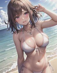 1girls :d ai_generated bangs bare_arms bare_shoulders beach bikini blue_sky blush breasts brown_hair cleavage cloud cloudy_sky collarbone cowboy_shot danganronpa danganronpa_2:_goodbye_despair day female female_only front-tie_bikini front-tie_top hair_ornament hairclip halterneck horizon jewelry large_breasts looking_at_viewer mole mole_on_breast mole_under_eye mountainous_horizon nanami_chiaki navel necklace ocean open_mouth outdoors sand shore side-tie_bikini sky smile solo stomach string_bikini swimsuit thighs water waves wet white_bikini