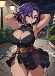 1girls ai_generated armpits boku_no_hero_academia cleavage hands_behind_head highres kaina_tsutsumi lady_nagant large_breasts mabi_ai multicolored_hair my_hero_academia pink_hair purple_eyes purple_hair short_hair skirt thick_thighs tsutsumi_kaina wide_hips