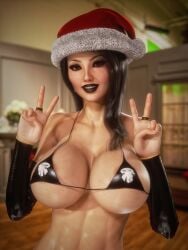 1girls 3d areola_slip areolae arm_gloves big_breasts bikini black_hair black_lipstick brown_eyes busty detailed_background erect_nipples erect_nipples_under_clothes female female_only goth huge_breasts lipstick long_hair looking_at_viewer micro_bikini open_mouth peace_sign santa_hat smile stripes_(devil_hs) supro toned toned_female