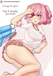 1girls 5_fingers ass butt clothed clothed_female clothes clothing cute_fang doki_doki_literature_club dork english_text fang female female_only fluid frilled_skirt frilly frilly_clothing frilly_skirt mouth_open natsuki_(doki_doki_literature_club) oerba_yun_fang offscreen_character one_eye_closed open_mouth panchira panties pantyshot patreon_url patreon_username pink_eyes pink_hair pink_skirt raionart shirt skirt solo stuttering sweat sweatdrop sweatdrops sweating text url water water_gun watergun wet wet_body wet_clothes wet_clothing wet_shirt wet_skin white_panties