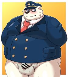 12beat13 2023 anthro balls bear belly big_belly blue_eyes blush censored clothing cute_fangs eyewear flaccid genitals glasses hat headgear headwear hi_res kemono male mammal necktie overweight overweight_male penis polar_bear pubes shirt small_penis solo topwear ursine white_body