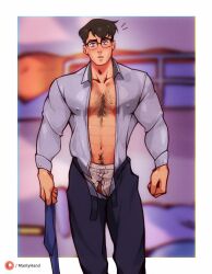 1boy abs bara barazoku beefcake beefy bulge bulge_through_clothing chest_hair clark_kent clark_kent_(my_adventures_with_superman) dc dc_comics gay hunk manlyhand muscular muscular_male my_adventures_with_superman penis penis_bulge penis_peek superman superman_(series) yaoi