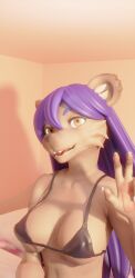 3d anthro bra breasts elza_(ishuzoku_reviewers) futa_only futanari happy hyena ishuzoku_reviewers large_breasts open_mouth purple_hair selfie smile spotted_hyena