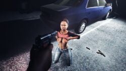 angry_expression breasts breasts_out exposed_breasts exposed_nipples gunpoint juxtasuperposition left_4_dead left_4_dead_2 lifting_shirt looking_at_viewer louis_(left_4_dead) on_knees parking_lot public_exposure public_nudity rochelle_(left_4_dead) sfm source_filmmaker unhappy unhappy_female