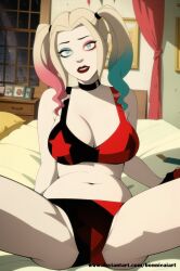 ai_generated bed big_breasts bonnieaiart dc dc_comics female_only harley_quinn harley_quinn_(series) solo spread_legs twintails white_skin