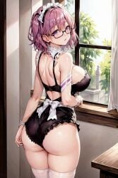 1girls ai_generated ass blush breasts cleavage embarrassed fate/grand_order fate_(series) female glasses hips huge_breasts indoors large_ass light-skinned_female light_skin maid maid_headdress maid_outfit maid_uniform mash_kyrielight mashu pink_hair purple_eyes shield shielder_(fate) shielder_(fate/grand_order) short_hair solo solo_female solo_focus stable_diffusion thick_thighs thighs wide_hips