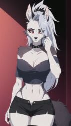 ai_generated aidude anthro breasts canid canid_demon canine crop_top demon female furry hellhound helluva_boss large_breasts loona_(helluva_boss) narrow_waist slim_waist wide_hips
