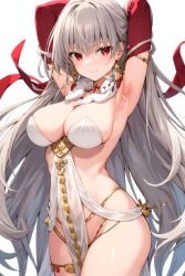 1girls ai_generated breasts durga_(fate) fate/grand_order fate_(series) female large_breasts light-skinned_female light_skin long_hair red_eyes revealing_clothes ribbon_in_hair simple_background smile stable_diffusion white_hair