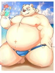 1boy 2023 anthro beach bear belly big_belly bulge clothing cloud daiwahouse0105 eyewear glasses hi_res humanoid_hands kemono leib_(tokyo_afterschool_summoners) lifewonders male male_only mammal moobs navel nipples outside overweight overweight_male polar_bear seaside solo swimwear tokyo_afterschool_summoners ursine