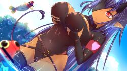 1girls 2animals armband black_leotard breasts clouds covered_navel earrings eyepatch fish flat_chest_dev game_cg grabbing_breasts horns in_water large_breasts leotard long_hair lucy_(lucy_got_problems) lucy_got_problems nipple_bulge outside penis purple_hair red_eyes sky succubus succubus_horns thighhighs trees water wet