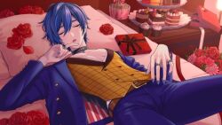 anime_style blue_bottomwear blue_hair blue_jacket box_of_chocolates choker closed_eyes dessert flower_petals gay high-angle_view kaito_(vocaloid) laying_down laying_on_back laying_on_bed low_neckline male_focus male_only male_with_painted_nails painted_nails petals plaid_vest red_rose rings soft_lighting suit vocaloid yaoi