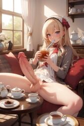 ai_generated balls blonde_hair blue_eyes drinking drinking_tea erection futa_only futanari huge_cock large_penis looking_at_viewer penis skif45 tea_cup veiny_penis