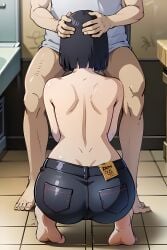 1girls ai_generated anime artist_request ass assisted_blowjob aut1smking bathroom big_ass boruto:_naruto_next_generations bottomless bottomless_male cheating cheating_wife fellatio from_behind head_turned hyuuga_hinata implied_blowjob implied_oral jeans light-skinned_female looking_at_viewer manga milf naruto naruto_(series) netorare oral pixiv public_oral public_topless short_hair topless topless_female unseen_female_face