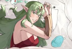 1girls alternate_hairstyle bad_censor bare_shoulders bed bed_sheet breasts cleavage covering dragonstone dress female female_only fire_emblem fire_emblem_awakening green_eyes green_hair grin highres long_hair looking_at_viewer lying medium_breasts nintendo on_side out-of-frame_censoring pillow pointy_ears red_dress sakuremi sideboob smile solo teeth tiara tiki_(adult)_(fire_emblem) tiki_(fire_emblem)