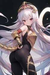 ai_generated armor ass bare_shoulders blush bodysuit breastplate female fingerless_gloves from_behind frown granblue_fantasy helmet long_hair looking_at_viewer medusa_(shingeki_no_bahamut) pointy_ears red_eyes shingeki_no_bahamut shiny shiny_clothes shiny_hair skin_tight solo tail very_long_hair white_hair