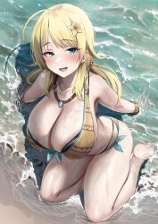 1girls beach bikini blonde_hair blue_eyes bracelets breasts enormous_breasts eyebrows_visible_through_hair female female_only flower_in_hair hachimiya_meguru hotate-chan idolmaster idolmaster_shiny_colors jewelry light-skinned_female light_skin necklace outside sand solo swimsuit water