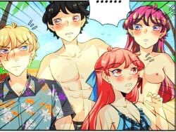 abs arlo_(unordinary) black_hair blonde_hair blush breasts john_(unordinary) medium_breasts non-web_source pink_hair purple_hair remi_(unordinary) seraphina_(unordinary) small_nipples summer swimsuit unordinary webtoon