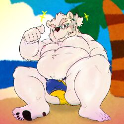 1boy anthro beach bear belly bulge cigarette detailed_bulge eyewear fur glasses goujuyu grin hi_res leib_(tokyo_afterschool_summoners) lifewonders male male_only mammal musclegut navel nipples one_eye_closed pawpads pecs polar_bear seaside smile smoking solo swimwear tight_swimwear tokyo_afterschool_summoners ursine white_body white_fur wink