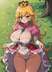 1girls ai_generated big_breasts blonde_hair blue_eyes breasts clothing crown dress dress_lift female female_only grass hi_res large_breasts lifted_by_self lifting_skirt long_hair looking_at_viewer mabi_ai mario_(series) outdoors panties pantsu princess_peach solo standing thick_thighs thigh_gap thighs thong upskirt wide_hips