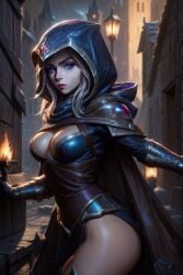 1girls ai_generated assassin big_breasts blue_eyes breasts city city_background female female_assassin female_focus female_only gender_transformation genderbend hoodie large_breasts league_of_legends looking_at_viewer looking_back night riot_games rule_63 talon_du_couteau