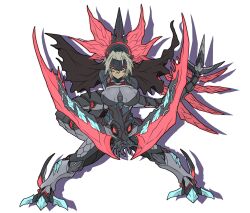 armor armored_bodysuit black_armor black_bodysuit blonde_hair bodysuit breasts dinomorphia_kentregina dinosaur_girl duel_monster female hand_up headgear mechanical_tail short_hair tail yu-gi-oh!_zexal