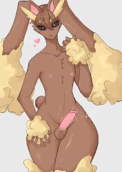 absurd_res anthro bangs black_sclera blush bodily_fluids confident fluffy generation_4_pokemon genital_fluids genitals girly hi_res humanoid_genitalia humanoid_penis iwaiz lagomorph leporid long_bangs long_ears lopunny male male_lopunny mammal nintendo nipples penis pink_eyes pink_nipples pink_nose pokemon pokemon_(species) precum rabbit round_tail small_waist solo thick_thighs throbbing