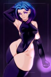 1girls blue_hair dc dc_comics elpuer_cotote female female_only goth goth_girl nipples_visible_through_clothing petite purple_eyes rachel_roth raven_(dc) seductive_look short_hair solo swimsuit teen_titans thick thick_ass thick_thighs thong_leotard wide_hips