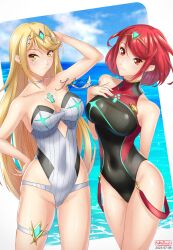 2girls breasts core_crystal female female_only looking_at_viewer mythra nintendo pyra softiered swimsuit tagme xenoblade_(series) xenoblade_chronicles_2