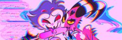 abstract_background anthro beak blitzo_(helluva_boss) blush demon duo eyebrows facial_markings feathers food head_markings helluva_boss horn licking licking_popsicle looking_at_viewer male male/male markings multi_eye narrowed_eyes nude nude_male popsicle raised_eyebrow red_eyes stolas_(helluva_boss) tongue tongue_out yellow_sclera