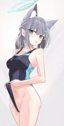 :o blue_archive competition_swimsuit medium_breasts pulling_swimsuit shiroko_(blue_archive) shiroko_(swimsuit)_(blue_archive) swimsuit