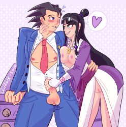 ace_attorney black_hair blush functionally_nude gyakuten_saiban handjob heart long_hair maya_fey naruhodou_ryuuichi partially_clothed phoenix_wright