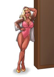 1girls 2d 2d_(artwork) anna_nicole_smith bathing_suit bimbo blonde blonde_female blonde_hair celebrity cleavage eyelashes female female_focus female_only leaning_against_wall leaning_on_elbow mature mature_female mature_woman milf nipple_bulge one-piece_swimsuit rabies-t-lagomorph seductive seductive_look see-through_clothing see_through_silk slippers solo swimsuit tanya_peters the_naked_gun