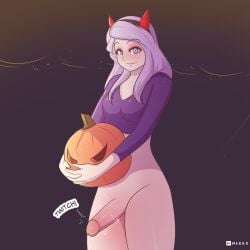 1futa 2021 bottomless breasts clothed clothing eliza_(mekkx) erection futa_only futa_sans_balls futanari halloween halloween_2021 hi_res holding_object holding_pumpkin human jack-o'-lantern light-skinned_futanari light_skin long_hair long_sleeves looking_at_viewer mekkx original partially_clothed penis pumpkin purple_hair shirt shirt_only smile solo solo_futa standing thighs topwear topwear_only twitch_lines twitching twitching_penis