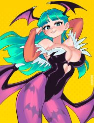 1girls arm_behind_head bangs bat_print capcom cleavage clothing darkstalkers demon_wings female female_only gauntlets green_eyes green_hair head_wings heart_shape hi_res inner_sideboob leotard long_hair looking_at_viewer medium_breasts morrigan_aensland pantyhose purple_pantyhose qewie smiling smiling_at_viewer solo succubus wings yellow_background