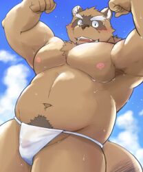 2023 anthro asian_clothing belly bodily_fluids bulge canid canine clothing cloud east_asian_clothing fundoshi hi_res japanese_clothing kemono male mammal musclegut navel nipples outside overweight overweight_male pubes raccoon_dog shiike999 solo solo_male standing sweat tanuki underwear underwear_only white_clothing white_fundoshi white_underwear