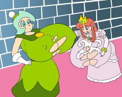 2020 2girls big_breasts blue_eyes breast_expansion breasts green_hair hand_on_breast huge_breasts letherhands69 mario_(series) nintendo nipples_visible_through_clothing pink_hair princess_shokora queen_merelda ripped_clothing torn_clothes wario_land wario_land:_shake_it! wario_land_4