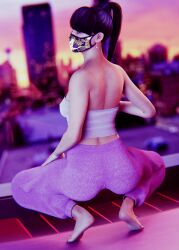 1girls 3d asian_female ass azami_(rainbow_six) back bangs black_hair blender blender_cycles city city_background clothed clothing feet female_only heel_up leggings mask ns1124 on_toes ponytail rainbow_six_siege self_upload solo squatting tubetop ubisoft woman yoga_pants