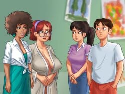 1boy 2d 3girls big_breasts bottomwear breasts brown_hair cleavage clothed clothing dark-skinned_female dark_skin darkcookie digital_drawing_(artwork) digital_media_(artwork) ear_piercing earrings female glasses green_eyes headband hispanic huge_breasts jeans judith_(summertime_saga) light-skinned_female light-skinned_male light_skin looking_at_another looking_at_partner main_character_(summertime_saga) male male/female mia_(summertime_saga) ms._ross_(summertime_saga) nervous pants piercing piercings red_hair robe room shorts shy standing student summertime_saga surprised surprised_expression teacher teacher_and_student topwear