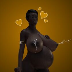 1girls 3d areolae big_breasts breasts breedingduties dark-skinned_female dark_skin female female_only golden_rings hand_on_breast huge_belly huge_breasts lactation lactation_without_stimulation linea_nigra milk nipples nude pregnant ready_to_pop short_black_hair short_dark_hair solo