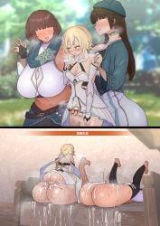 1futa 2girls 2koma after_sex ass balls_deep bangs bar_censor bare_shoulders bed beret blonde_hair blush bottomless breasts brown_hair censored choker clothed clothing comic cum cum_in_pussy cum_overflow dress faceless faceless_female female femsub fence14 flower fully_clothed futa_on_female futadom futanari gauntlets genshin_impact hair_between_eyes hair_flower hair_ornament hat heavy_breathing hi_res highres human instant_loss instant_loss_2koma japanese_text large_breasts larger_female licking_lips light-skinned_female light-skinned_futanari light_skin long_hair lumine_(genshin_impact) mating_press medium_penis midriff mostly_clothed multiple_girls nervous npc open_mouth penis pussy seductive seductive_smile sex short_hair_with_long_locks size_difference small_dom_big_sub smaller_futanari smile standing sweat testicles text tongue tongue_out vaginal_penetration white_dress yellow_eyes