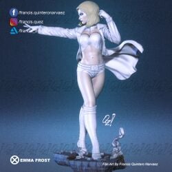 3d blonde_hair blue_eyes booty_shorts breasts cleavage emma_frost francis_quintero marvel marvel_comics new_x-men platinum_blonde_hair statue trenchcoat white_queen x-men